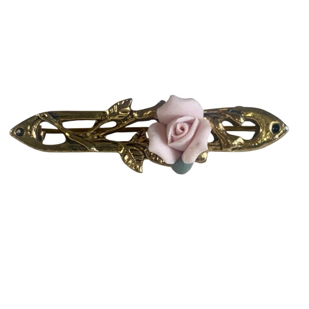 Vintage Jewelry Beautiful 1928 Gold Tone Pearl Pink Rose Flower Bar Pin Brooch